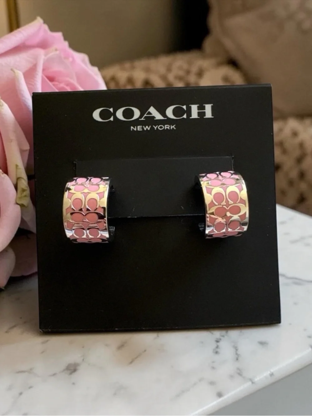 Coach Pink Signature Enamel Cuff Earrings with Silver Accents NWT - Picture 2 of 5